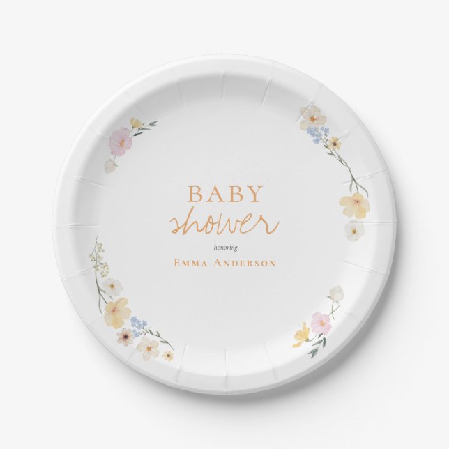 Botanical Boho flowers Script baby shower  Paper Plates (Front)