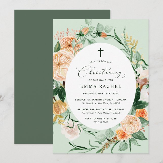 Botanical Boho Green Girl Christening Personalized Invitation (Front/Back)