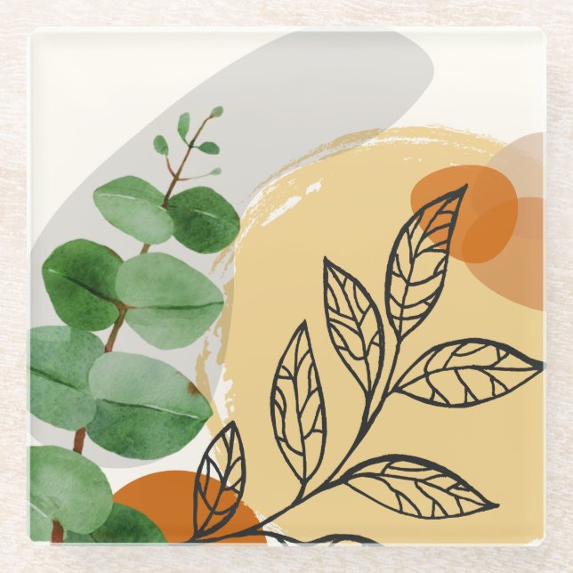 Botanical Boho Green Orange Glass Coaster (Front)