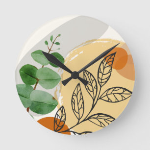 Botanical Boho Green Orange Round Clock