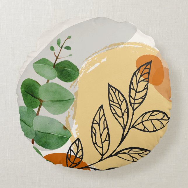Botanical Boho Green Orange Round Pillow (Front)