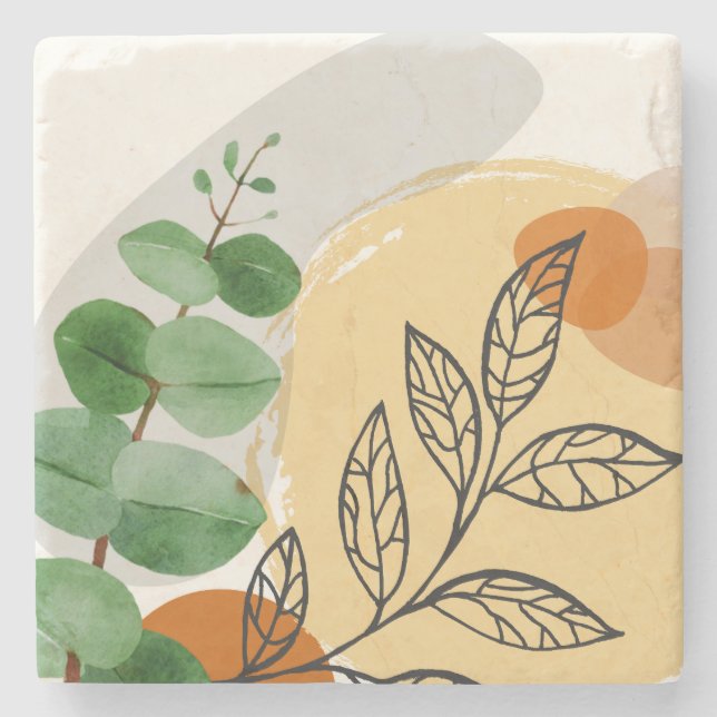 Botanical Boho Green Orange Stone Coaster (Front)