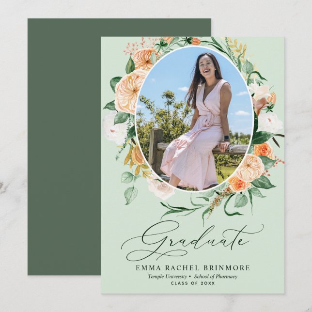 Botanical Boho Green Photo Graduation Announcement (Front/Back)