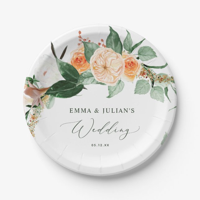 Botanical Boho Greenery Bloom Personalized Wedding Paper Plates (Front)