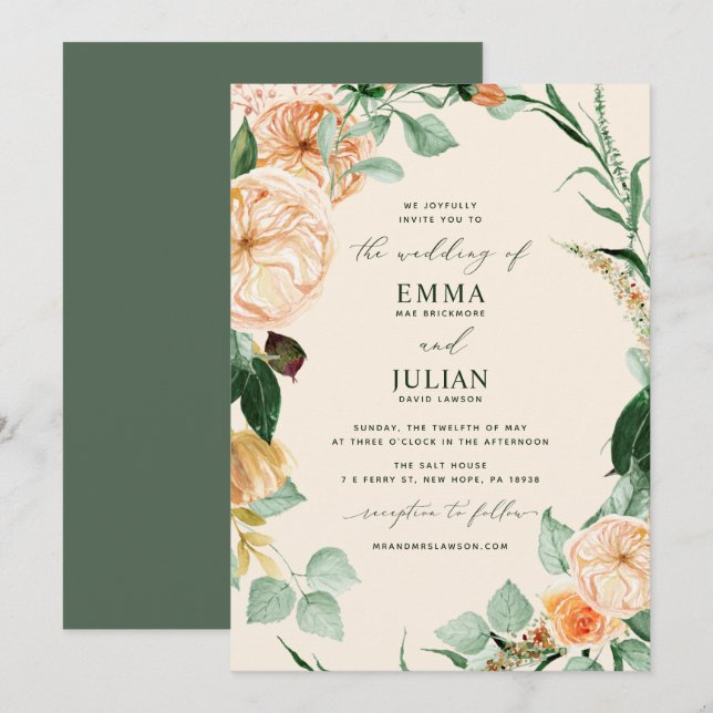Botanical Boho Greenery Elegant Peach Wedding Invitation (Front/Back)