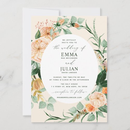 Botanical Boho Greenery Peach Bloom Floral Wedding Invitation