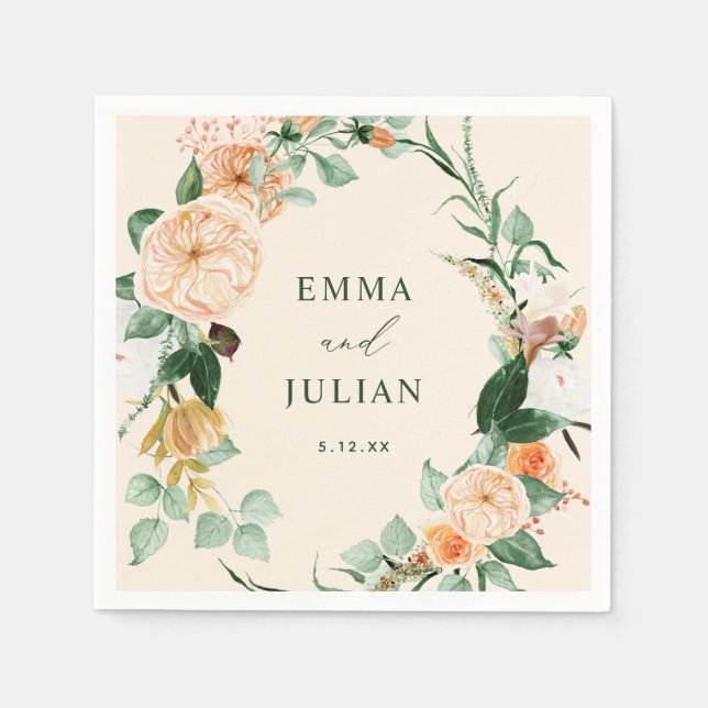 Botanical Boho Greenery Peach Personalized Wedding Napkins (Front)