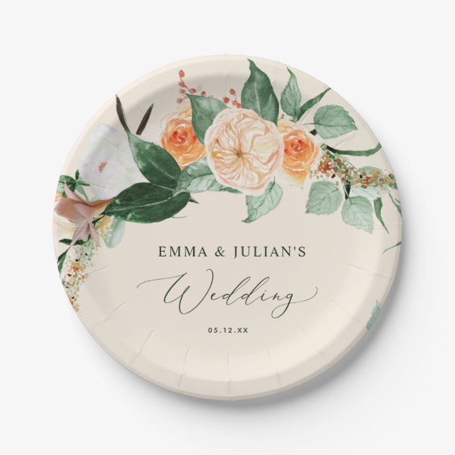Botanical Boho Greenery Peach Personalized Wedding Paper Plates (Front)
