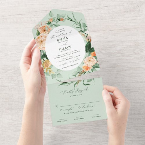Botanical Boho Greenery Sage Pastel Floral Wedding All In One Invitation