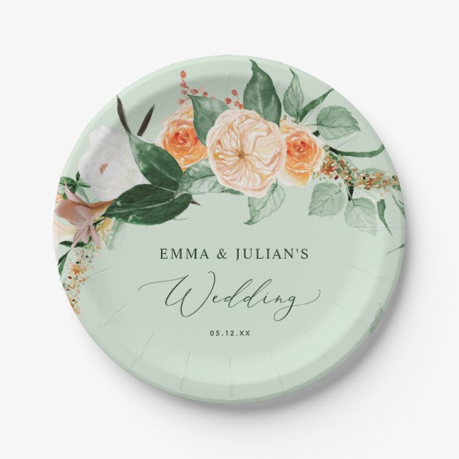 Botanical Boho Greenery Sage Personalized Wedding Paper Plates (Front)