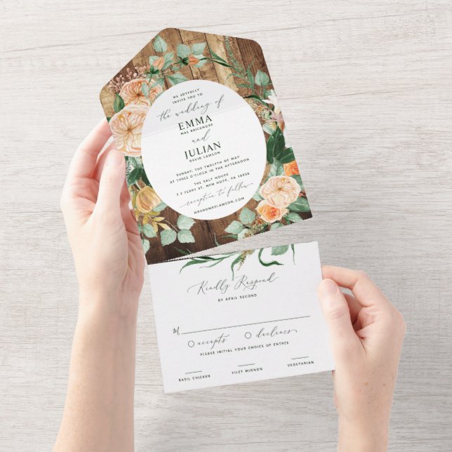 Botanical Boho Greenery Woodgrain Rustic Wedding All In One Invitation (Tearaway)