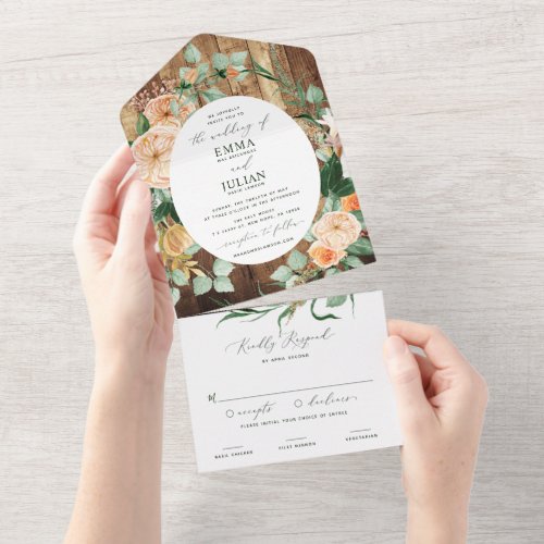 Botanical Boho Greenery Woodgrain Rustic Wedding All In One Invitation