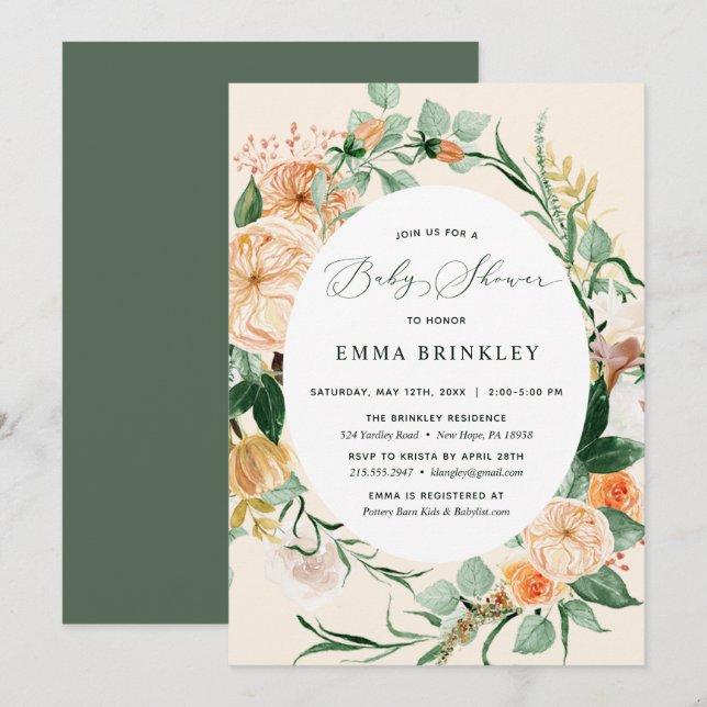 Botanical Boho Neutral Peach Floral Baby Shower Invitation (Front/Back)