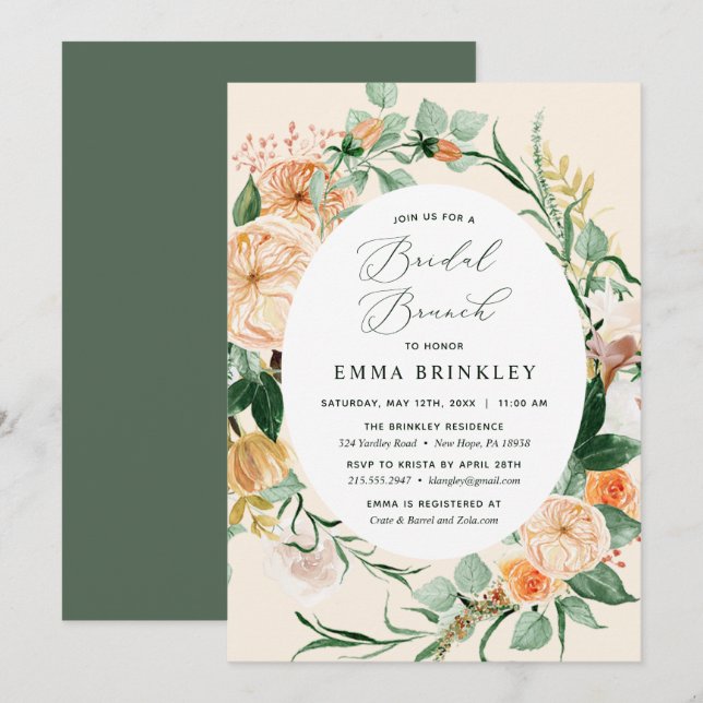 Botanical Boho Neutral Peach Floral Bridal Brunch Invitation (Front/Back)