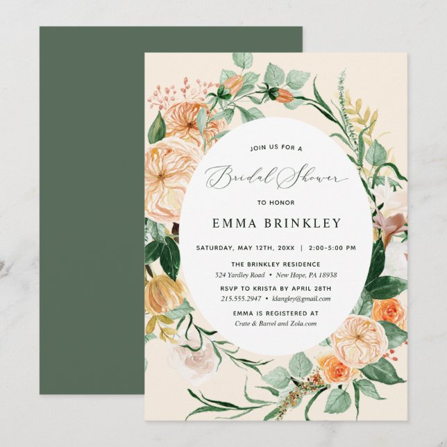 Botanical Boho Neutral Peach Floral Bridal Shower Invitation (Front/Back)