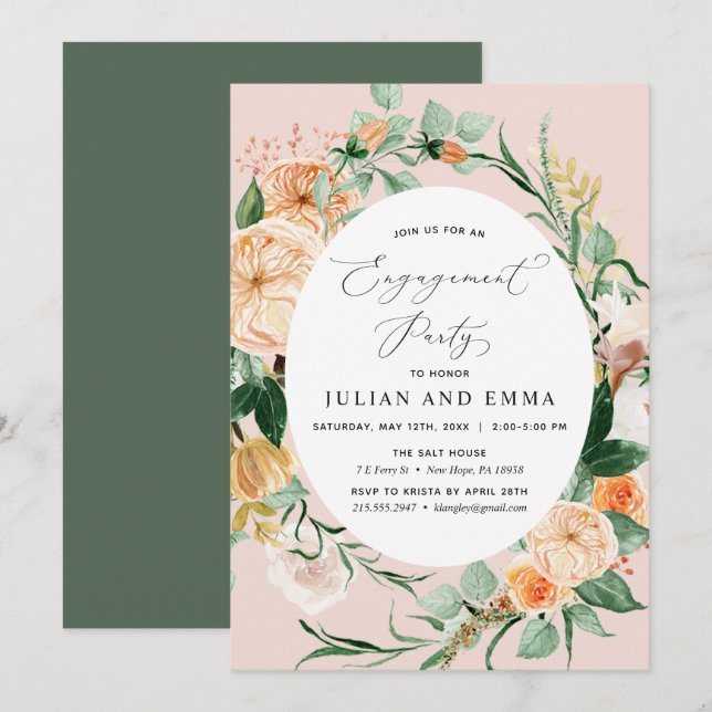 Botanical Boho Pastel Blush Pink Engagement Party Invitation (Front/Back)