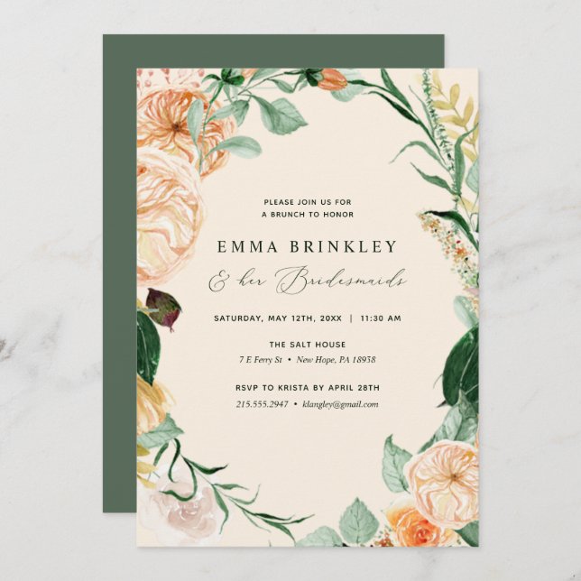 Botanical Boho Peach Bridesmaids Luncheon Brunch Invitation (Front/Back)