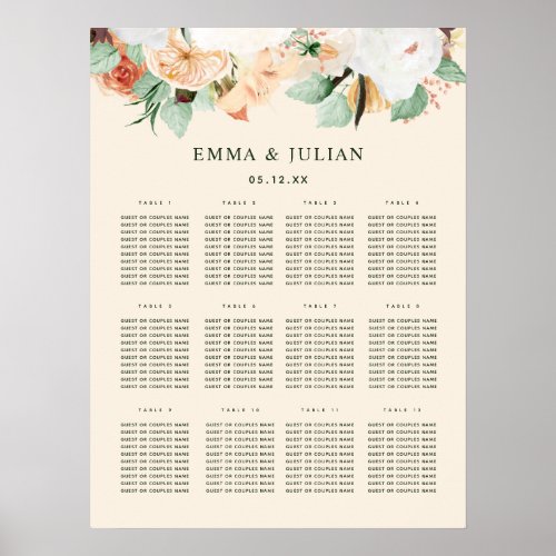 Botanical Boho Peach Floral Wedding Seating Chart 