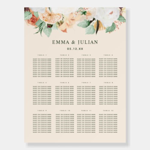 Botanical Boho Peach Floral Wedding Seating Chart  Foam Board