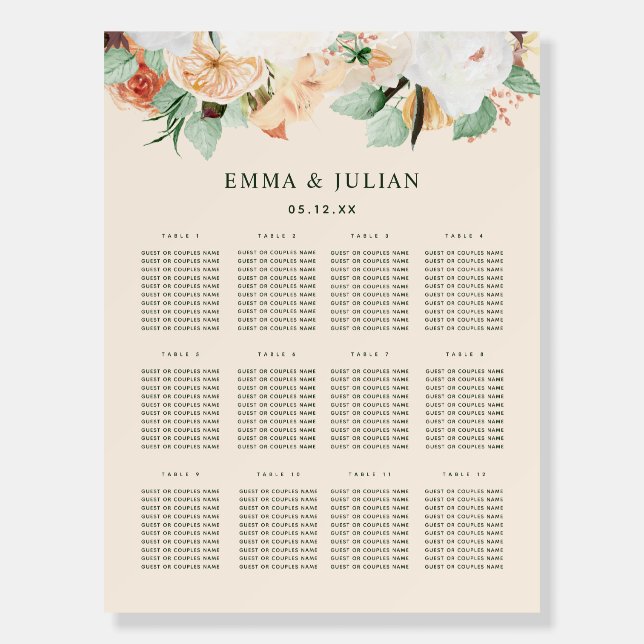 Botanical Boho Peach Floral Wedding Seating Chart  Foam Board (Front)