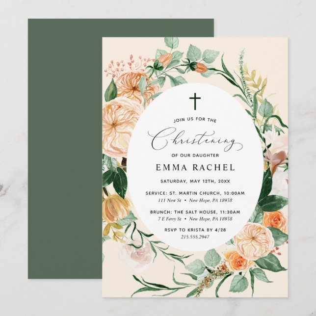 Botanical Boho Peach Girl Christening Personalized Invitation (Front/Back)