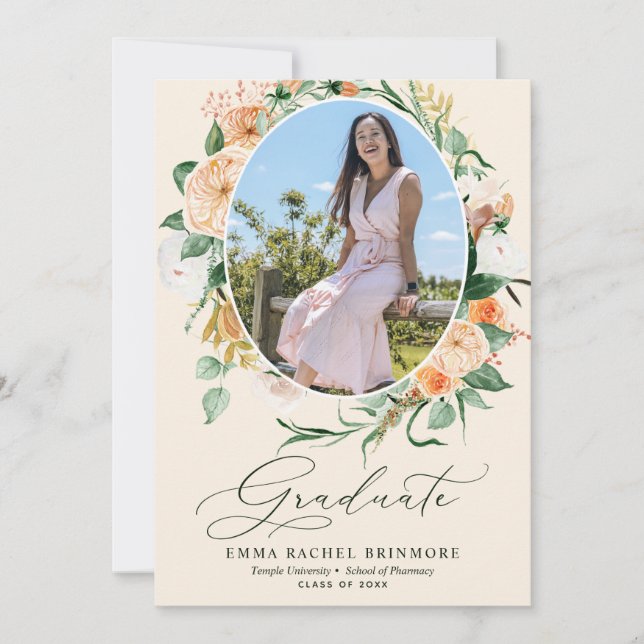 Botanical Boho Peach Photo Graduation Announcement (Front)