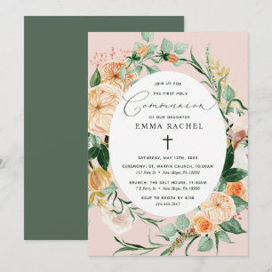Botanical Boho Personalized Blush Pink Communion Invitation
