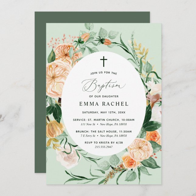 Botanical Boho Personalized Greenery Girl Baptism Invitation (Front/Back)