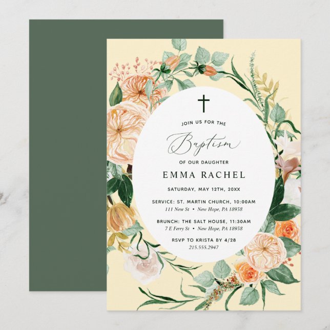 Botanical Boho Personalized Pastel Yellow Baptism Invitation (Front/Back)