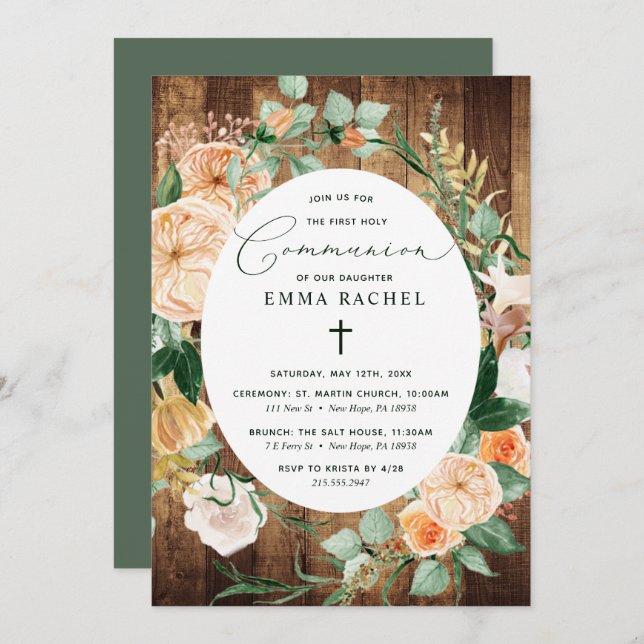 Botanical Boho Personalized Rustic Wood Communion Invitation (Front/Back)