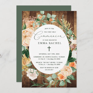 Botanical Boho Personalized Rustic Wood Communion Invitation