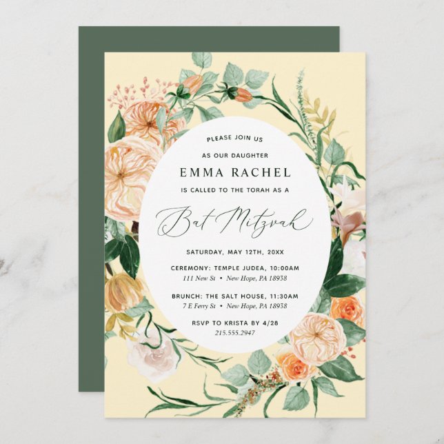 Botanical Boho Personalized Yellow Bat Mitzvah Invitation (Front/Back)