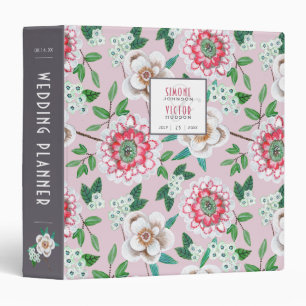 Botanical Boho pink grey floral Wedding Planner 3 Ring Binder