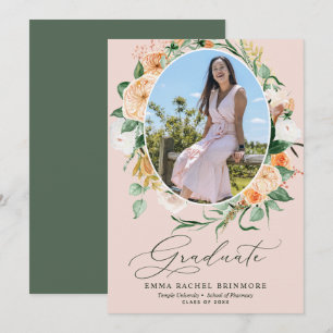 Botanical Boho Pink Photo Graduation Announcement