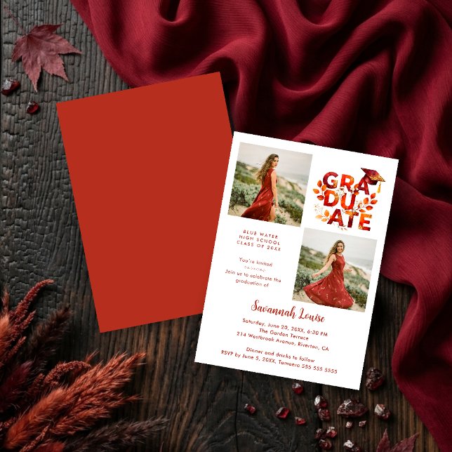 Botanical Boho Red Shades Graduation 2-Photo Invitation (Botanical Boho Graduation Invitation with 2-Photo Layout in Red Shades and Digital Download. )