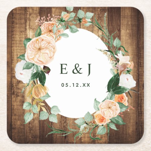 Botanical Boho Rustic Wood Monogram Barn Wedding Square Paper Coaster