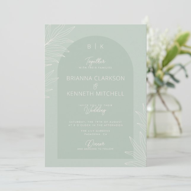 Botanical Boho Sage Green with Arch Photo Wedding Invitation (Standing Front)