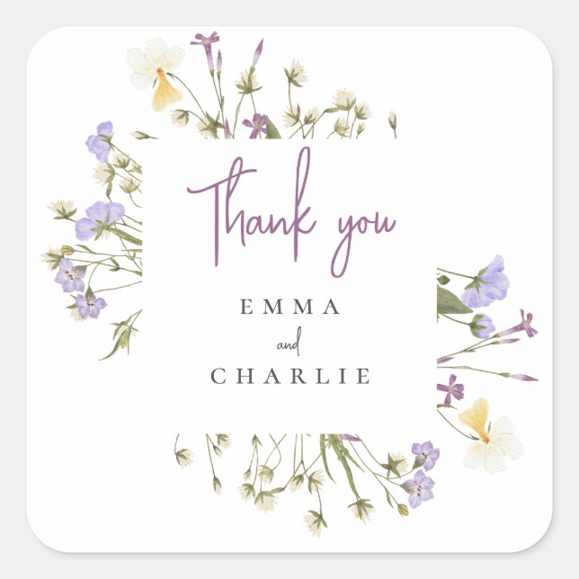 Botanical Boho Wildflowers lilac Script wedding  Square Sticker (Front)