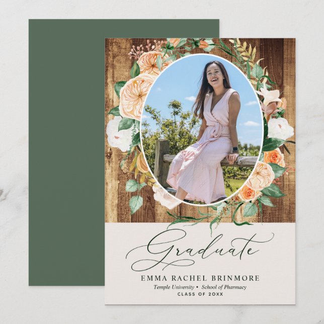 Botanical Boho Wood Photo Graduation Announcement (Front/Back)