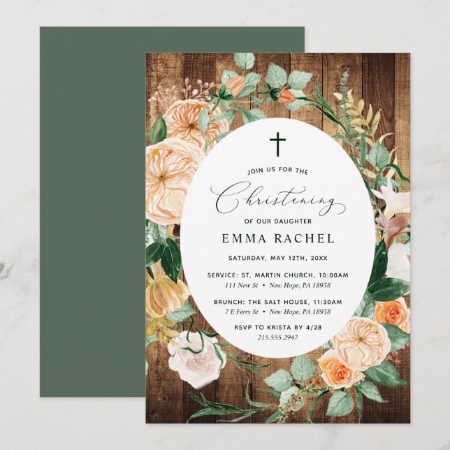 Botanical Boho Woodgrain Christening Personalized Invitation (Front/Back)