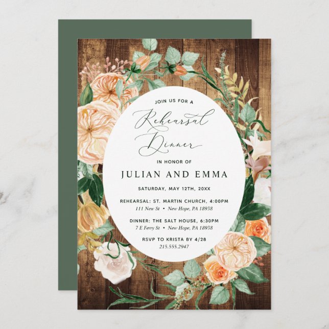 Botanical Boho Woodgrain Rustic Rehearsal Dinner Invitation (Front/Back)