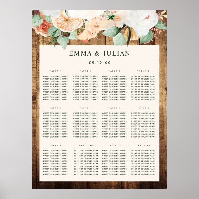 Botanical Boho Woodgrain Wedding Seating Chart  (Front)