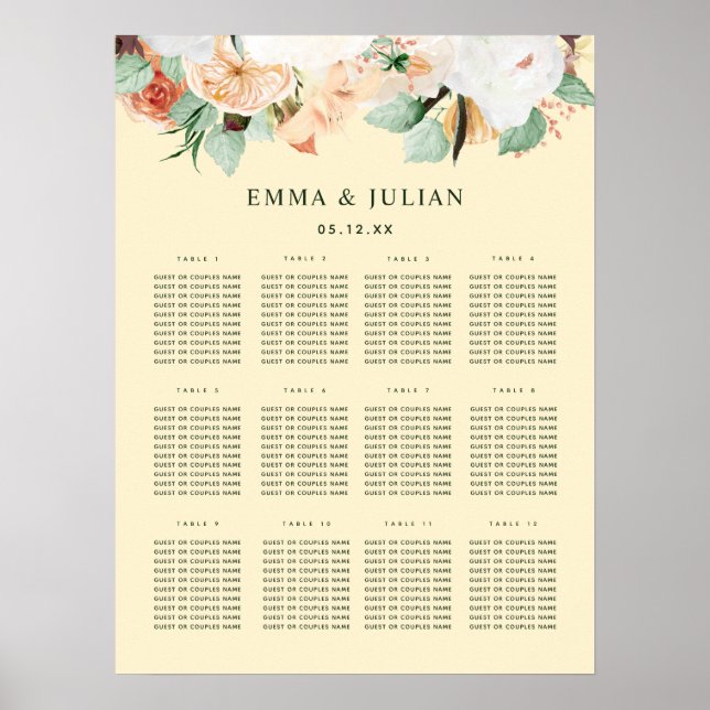 Botanical Boho Yellow Bloom Wedding Seating Chart  (Front)