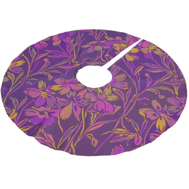 Botanical Bold Floral Pattern in Dark Purple Brushed Polyester Tree Skirt (Angled)