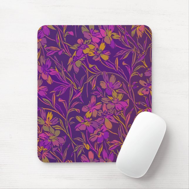Botanical Bold Floral Pattern in Dark Purple Mouse Pad (With Mouse)