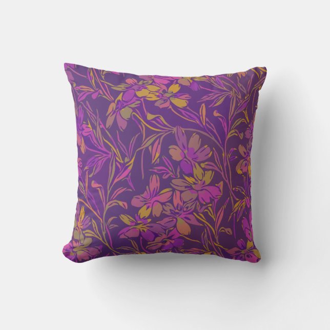 Botanical Bold Floral Pattern in Dark Purple Outdoor Pillow (Front)