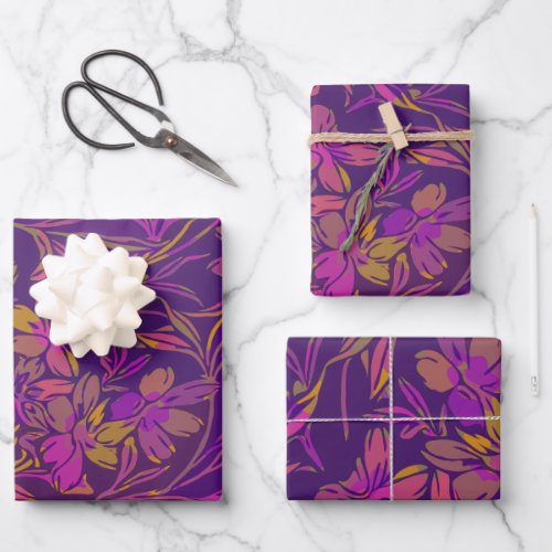 Botanical Bold Floral Pattern in Dark Purple  Wrapping Paper Sheets