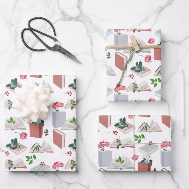 Botanical Books & Library Reading Pattern Wrapping Paper Sheets (Front)