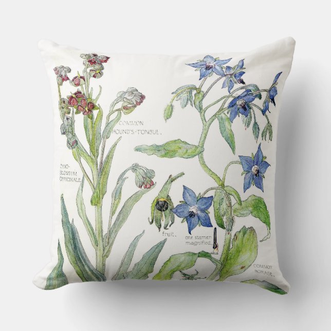 Botanical Borage Primrose Flowers Throw Pillow (Front)