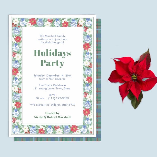 Botanical Border Blue White Red Holidays Party Invitation (Blue White and Red Watercolor Chintz Grandmillenial Holidays Party Invitation)